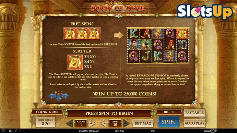 Book of Dead paytable